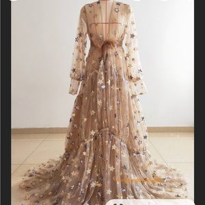 Tan Sparkle Stars Maternity Robe/Long Sleeve Tulle Photo Shoot Dress